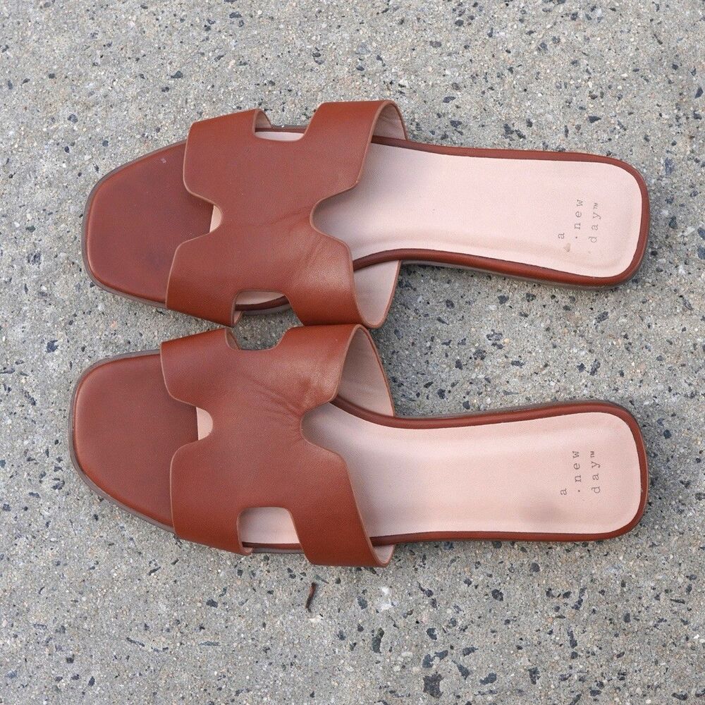 A New Day Brown Cognac H-Strap Slide Sandals Size 10 Flat Minimalist Boho